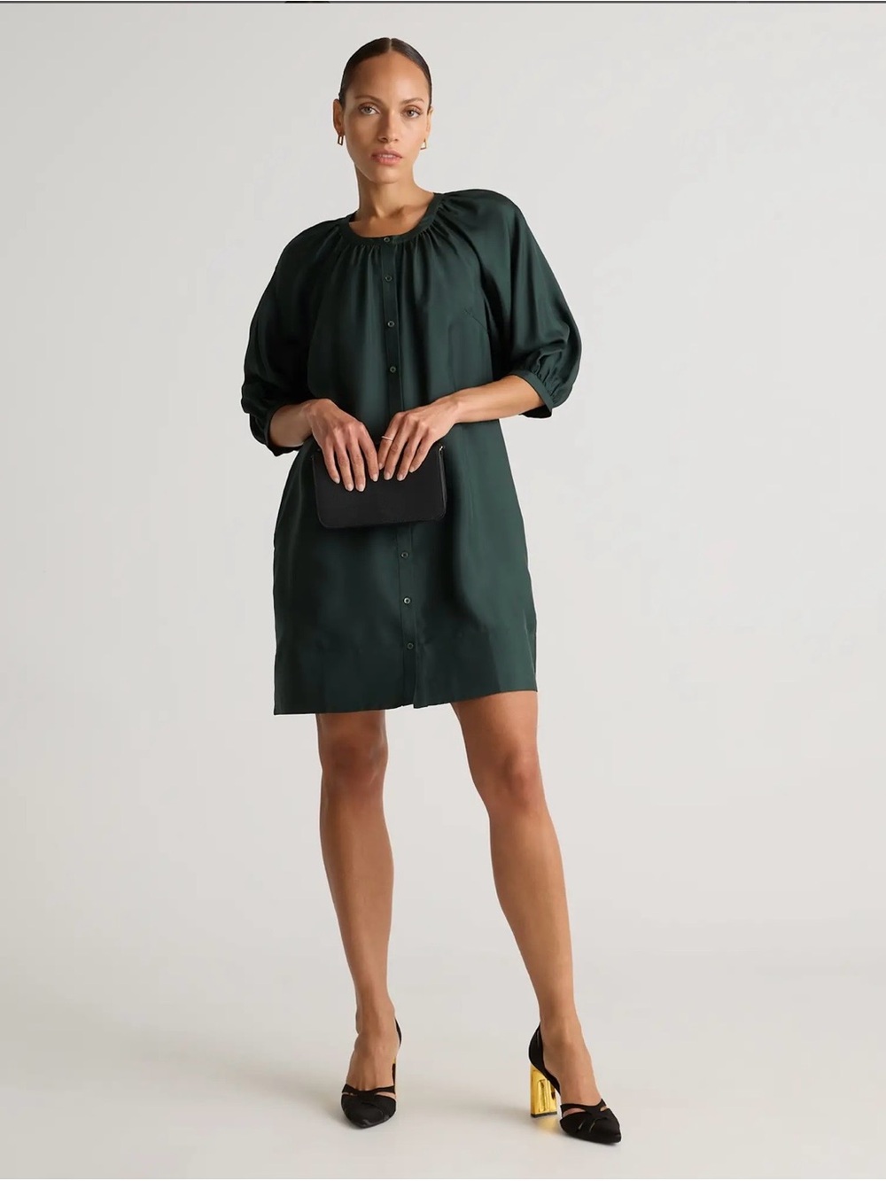 Quince 100% Silk Twill Button Front Mini Dress Small Green Pocket Luxury Classic